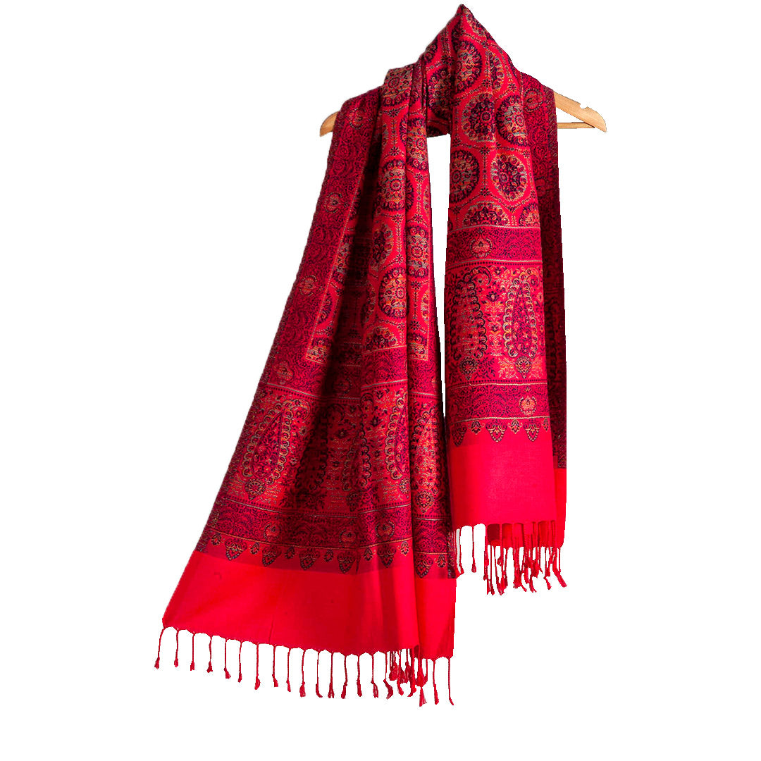 Woolen Stoles & Shawls | Red & Multi | 75x200 CM | - Mojopanda Organic Store
