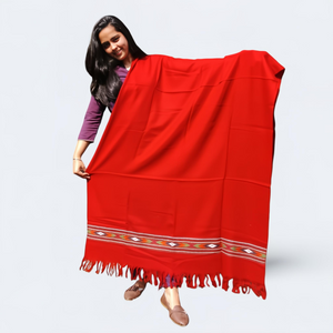 Red Woolen Shawl | Traditional Design with Fringe | For Women - Mojopanda Organic Store