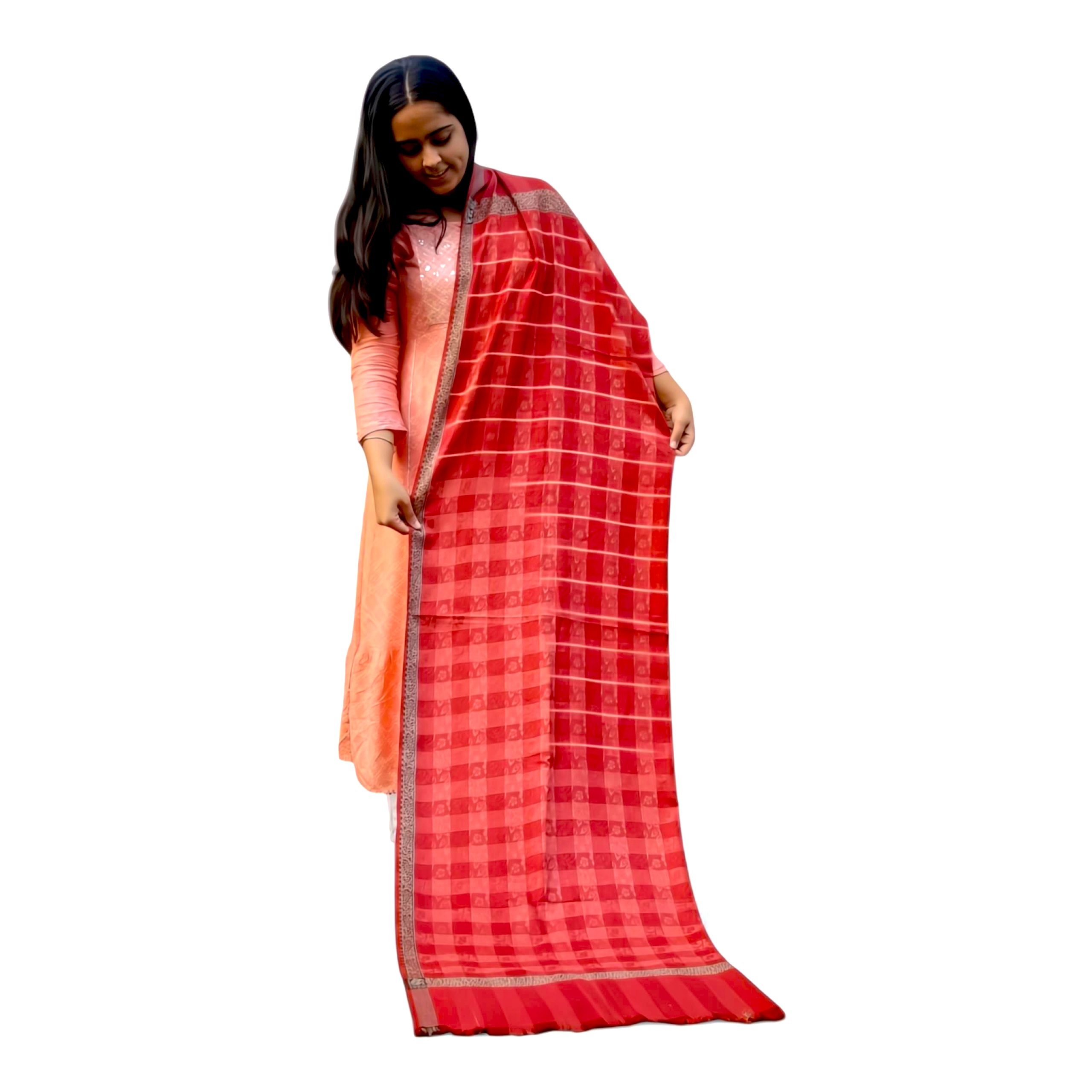 Red Poly-Wool Check Shawl – Elegant Warm Wrap for Women - Mojopanda Organic Store