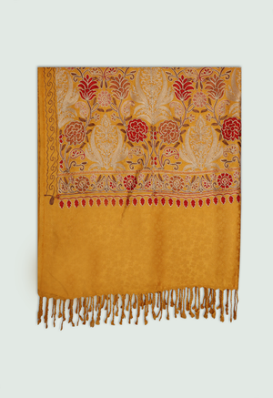 Odhni Floral Motif - Embroidered - Yellow with Multi color | Stoles & Shawls - Mojopanda Organic Store