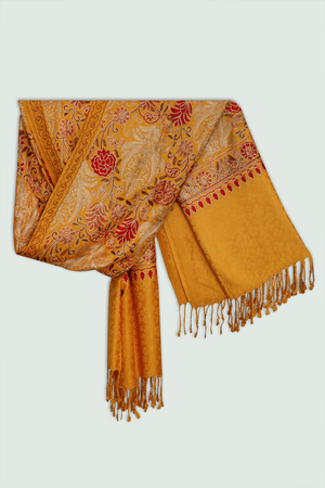 Odhni Floral Motif - Embroidered - Yellow with Multi color | Stoles & Shawls - Mojopanda Organic Store