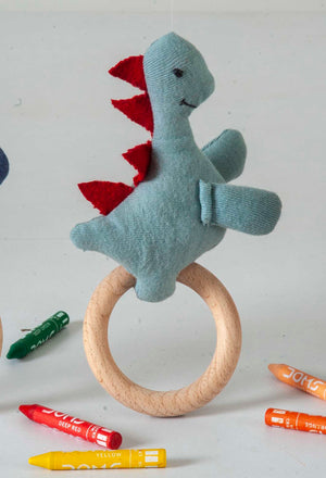 Dino Rattle Knitted Light Green & Red Baby Stuffed/Plush/Soft Toy | 100% Premium Cotton - Mojopanda Organic Store