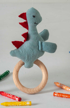 Dino Rattle Knitted Light Green & Red Baby Stuffed/Plush/Soft Toy | 100% Premium Cotton - Mojopanda Organic Store