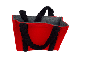 Red & Black - Hand knitted Blended  wool  Bag -Felt  lining Inside - Mojopanda Organic  Store