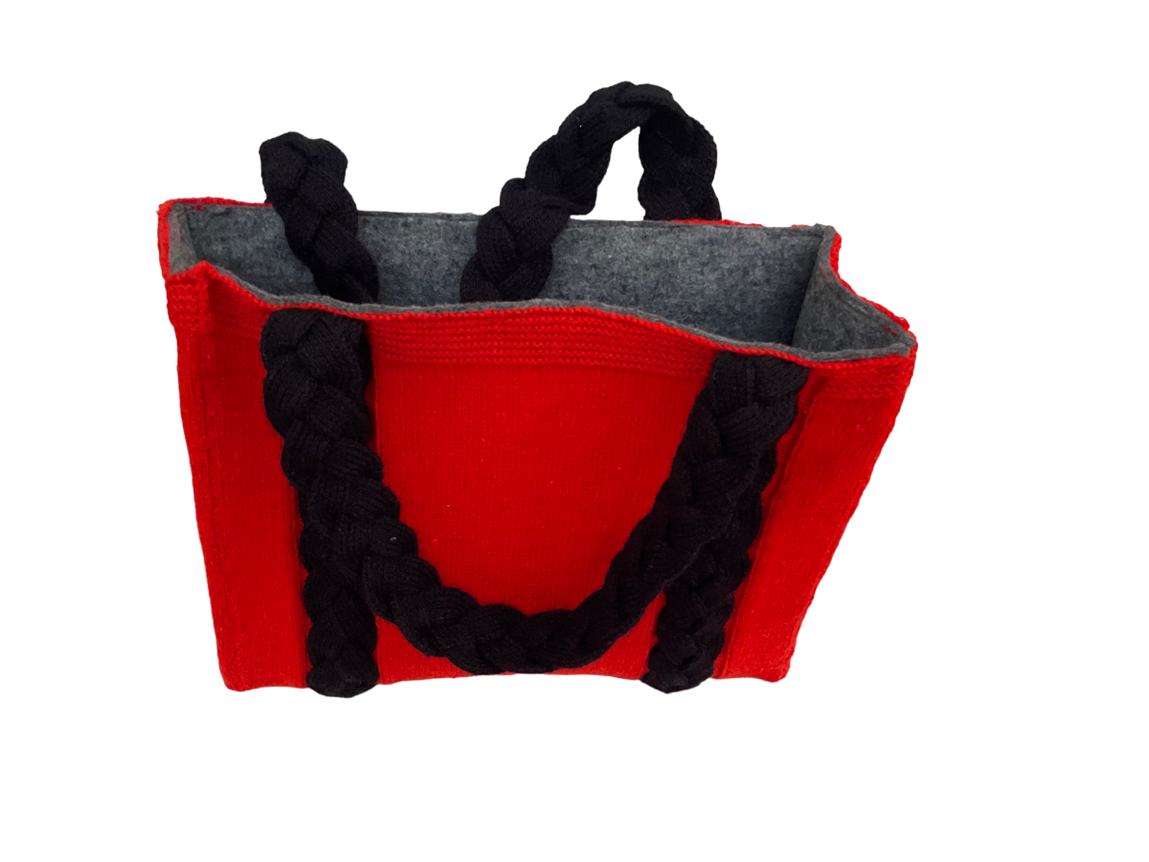Red & Black - Hand knitted Blended  wool  Bag -Felt  lining Inside - Mojopanda Organic  Store