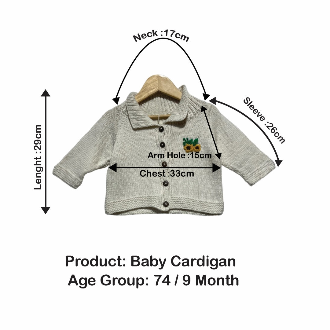 Baby Cardigan with sunflower embroidery | 100% Pure Wool| 74 - 9 months - Mojopanda Organic  Store