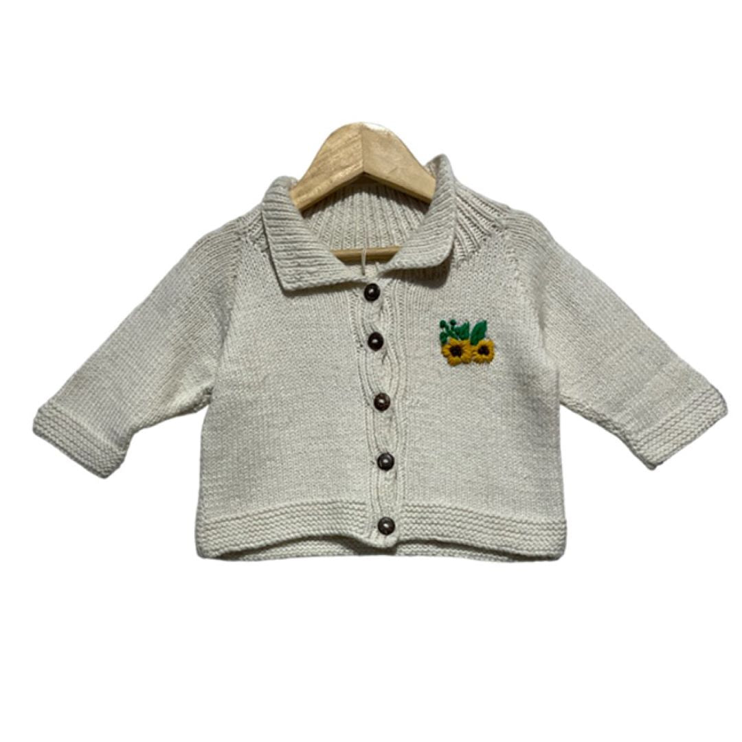 Baby Cardigan with sunflower embroidery | 100% Pure Wool| 74 - 9 months - Mojopanda Organic  Store