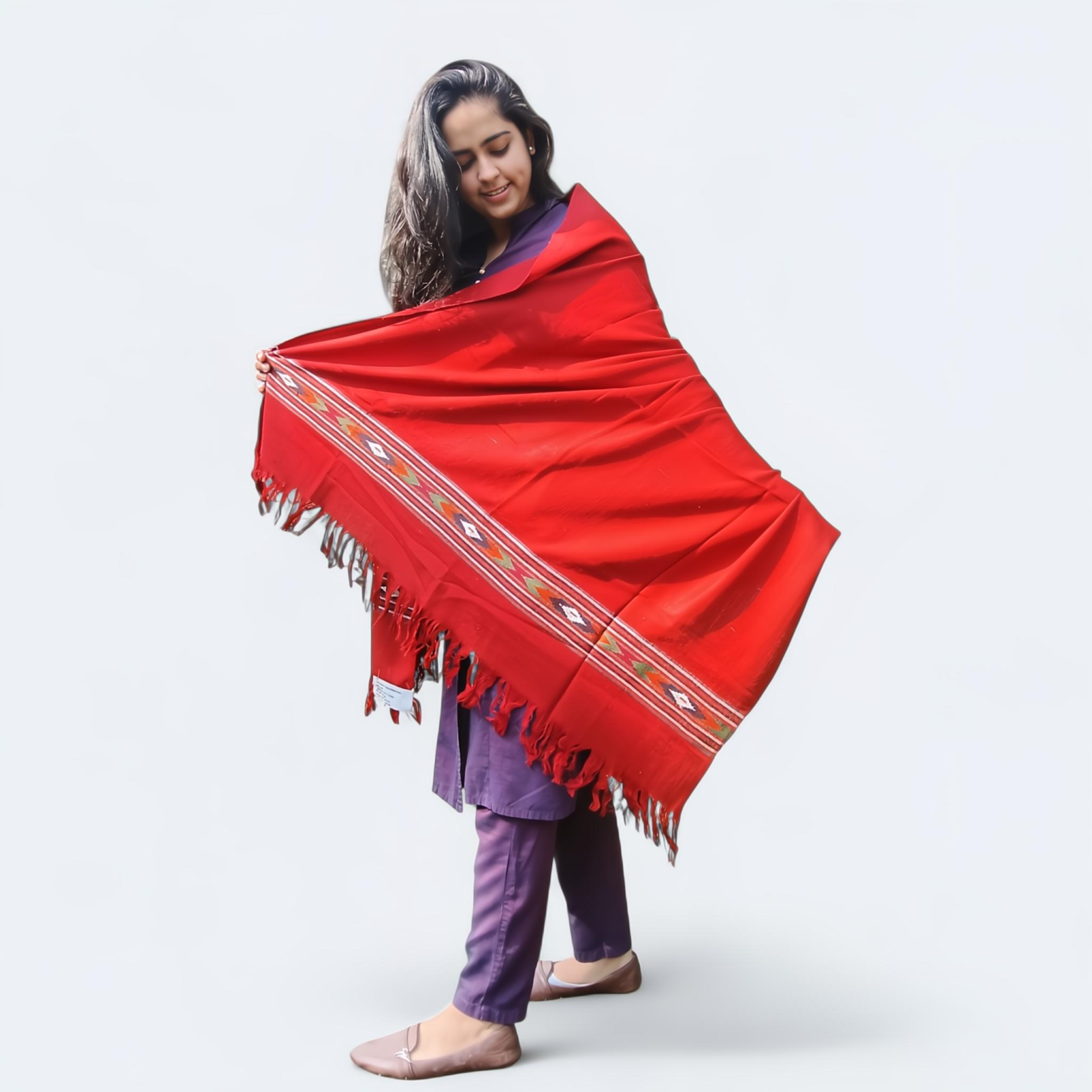 Red Woolen Shawl | Traditional Design with Fringe | For Women - Mojopanda Organic  Store