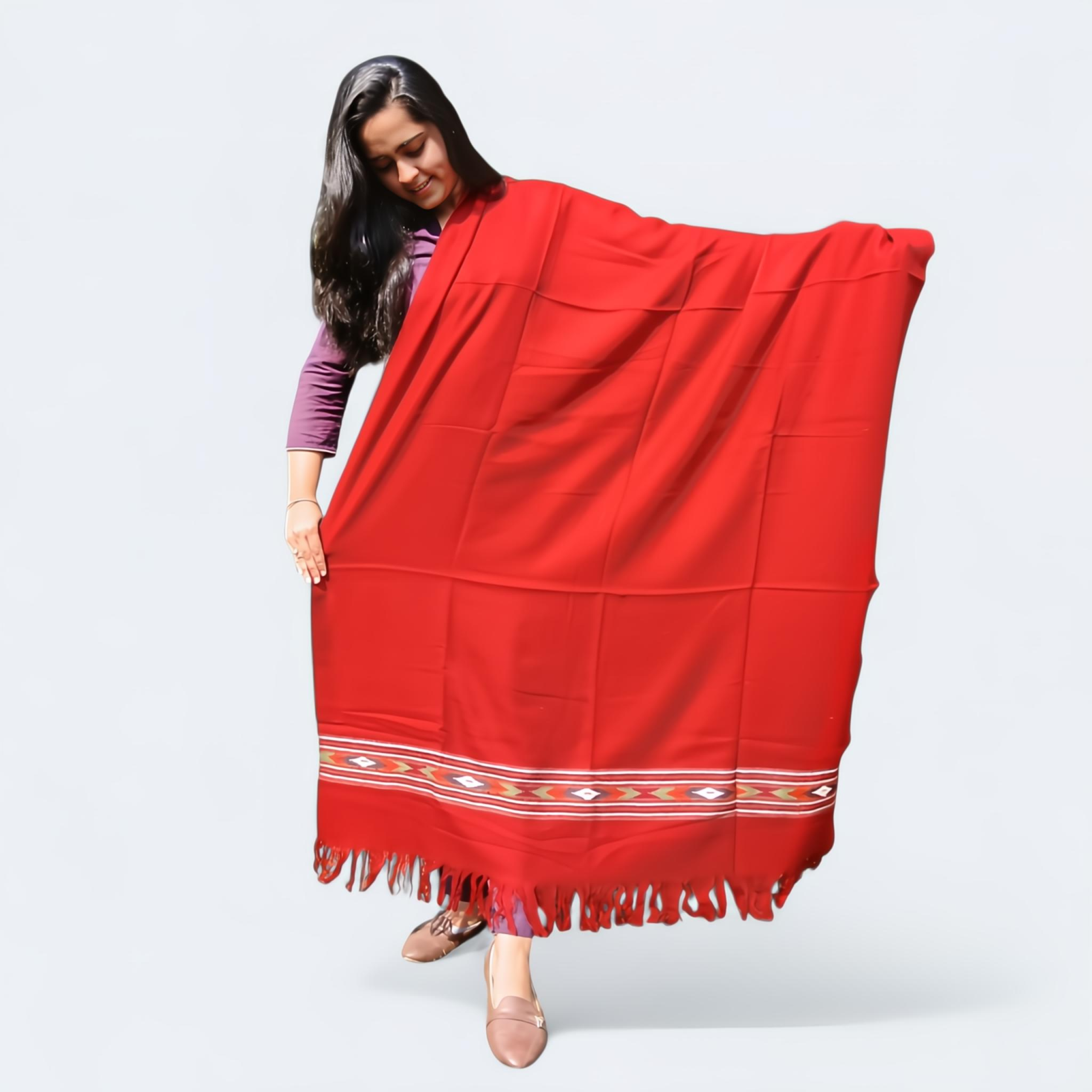 Red Woolen Shawl | Traditional Design with Fringe | For Women - Mojopanda Organic  Store