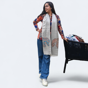Elephant Printed Wool Silk Blended Stole | Elegant Pattern | For Women - Mojopanda Organic  Store