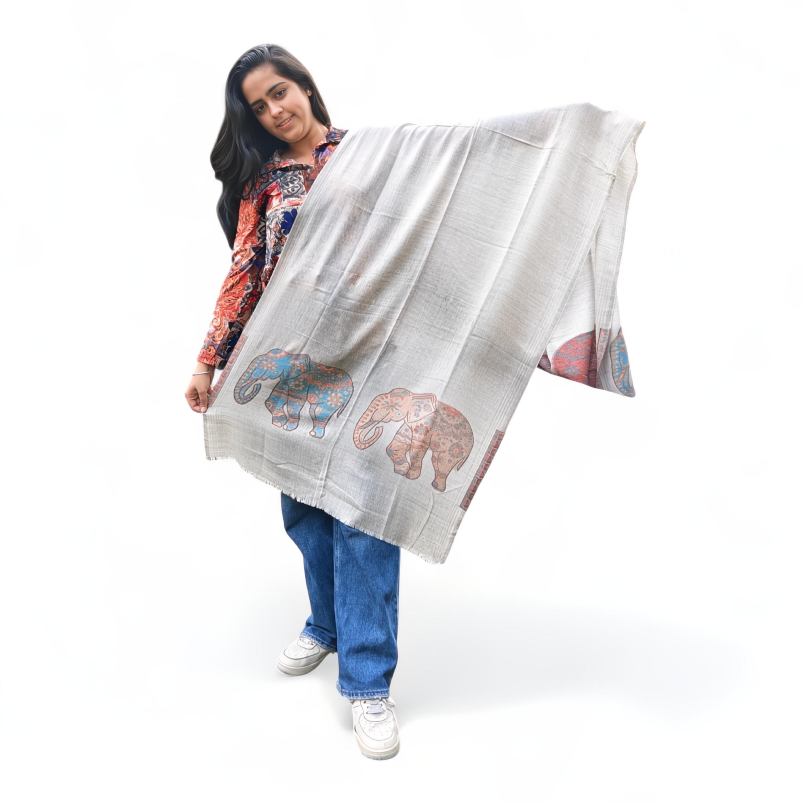 Elephant Printed Wool Silk Blended Stole | Elegant Pattern | For Women - Mojopanda Organic  Store