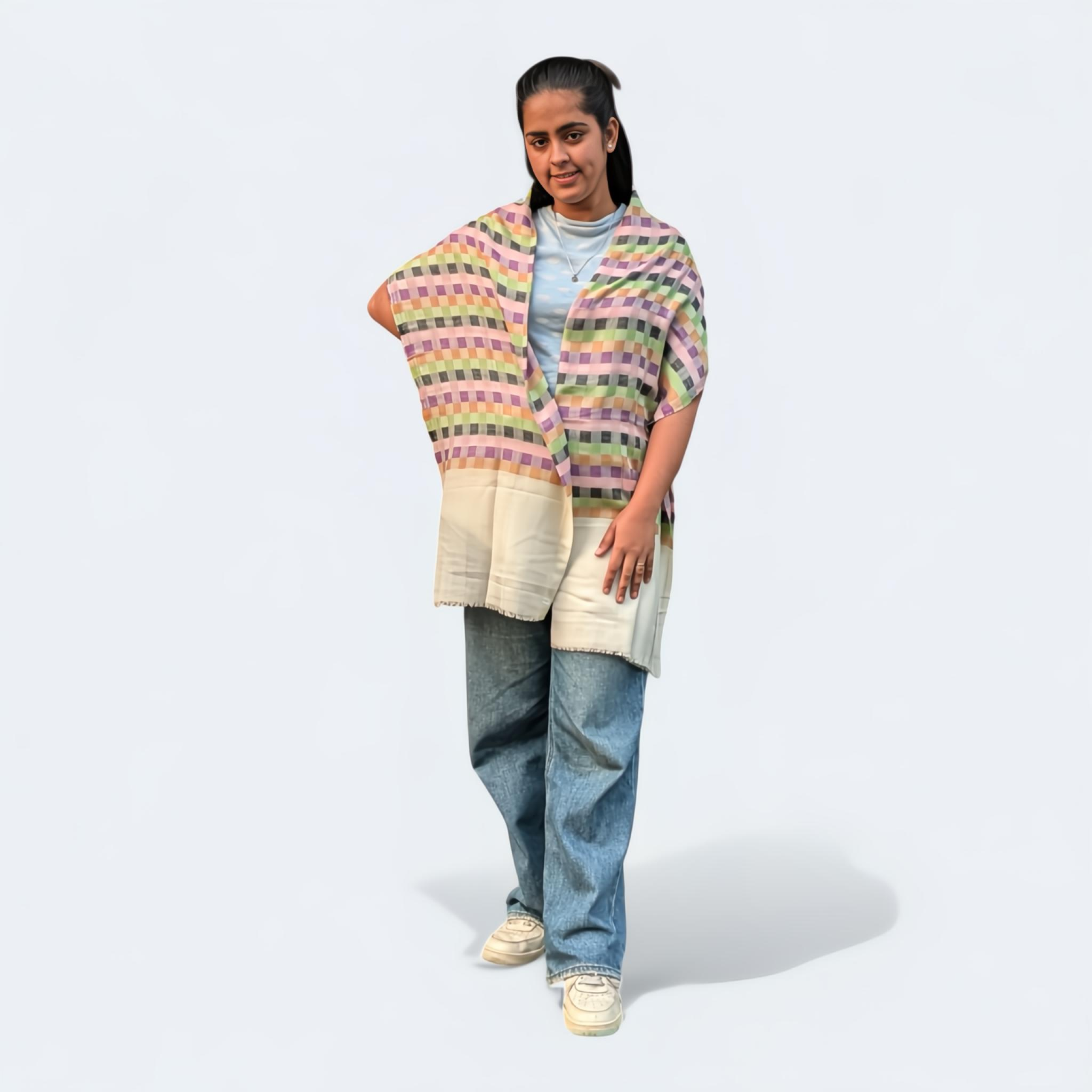 Check Multicolor Wool Silk Blended Stole | Vibrant Plaid Design | For Women - Mojopanda Organic  Store