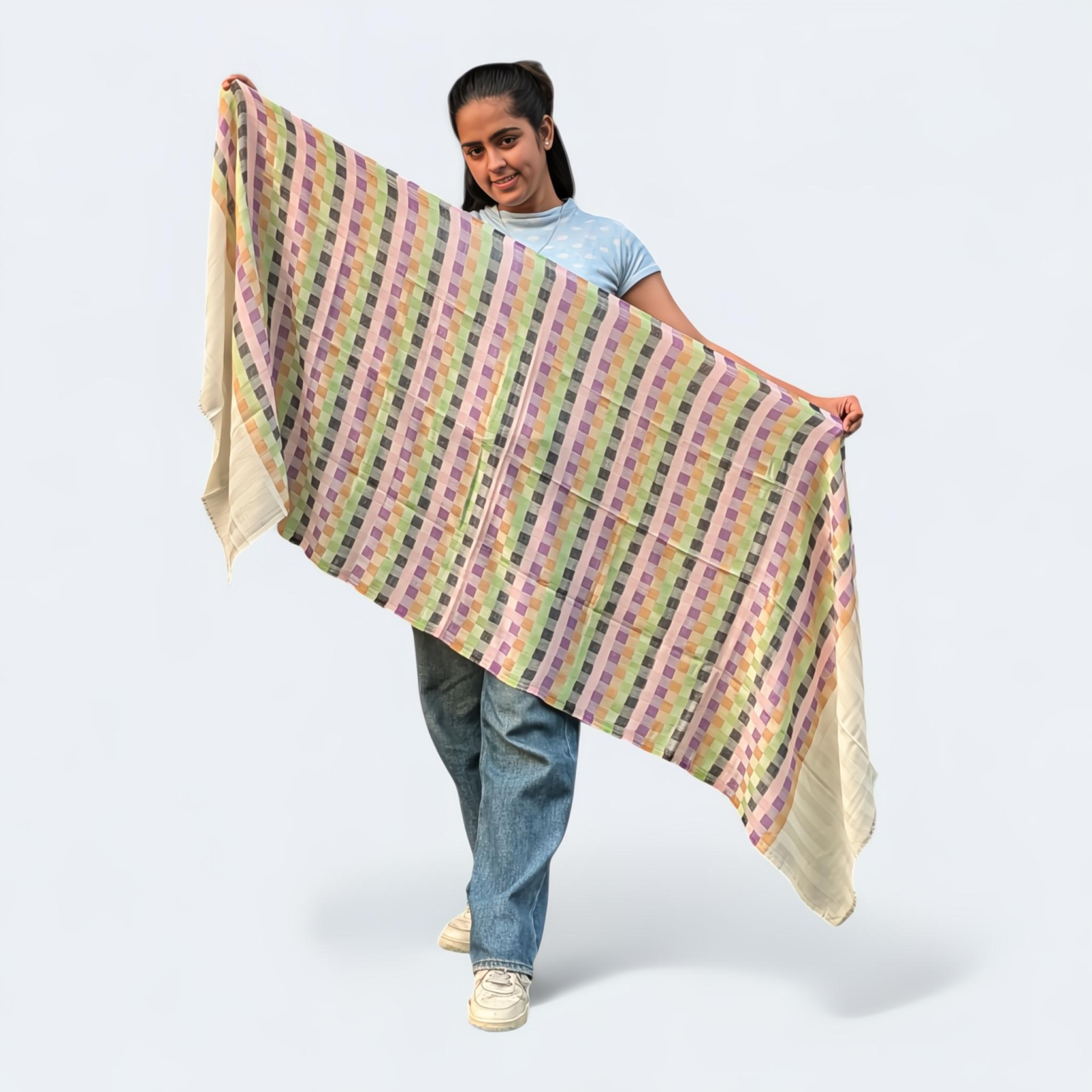Check Multicolor Wool Silk Blended Stole | Vibrant Plaid Design | For Women - Mojopanda Organic  Store