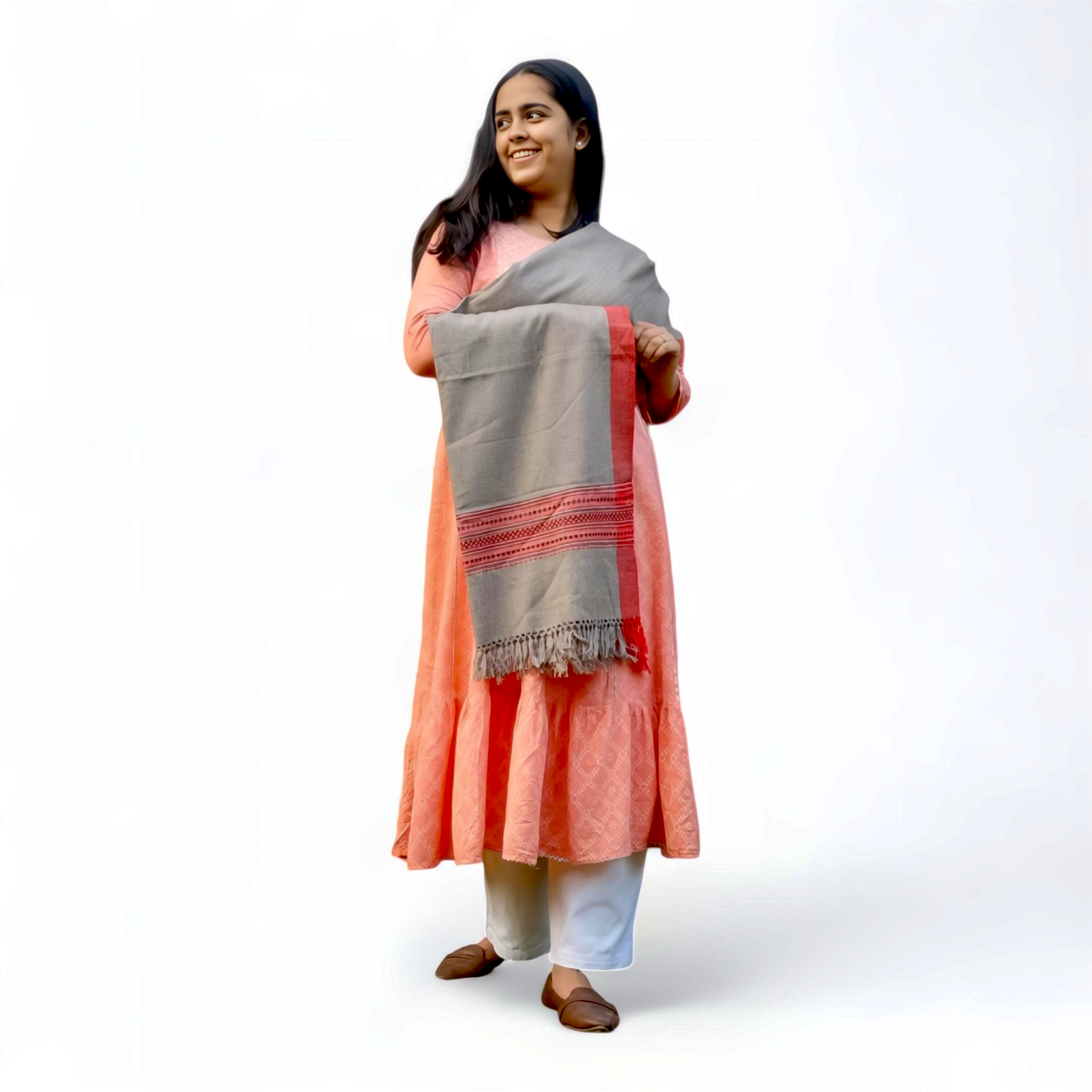 Grey & Multicolor Woolen Stole – Handcrafted Pattern with Fringe Edges - Mojopanda Organic  Store
