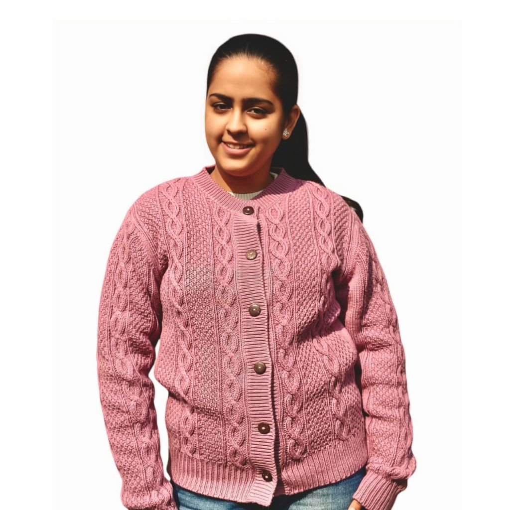 100% Wool Handcrafted Cable Knit Cardigan – Pink |