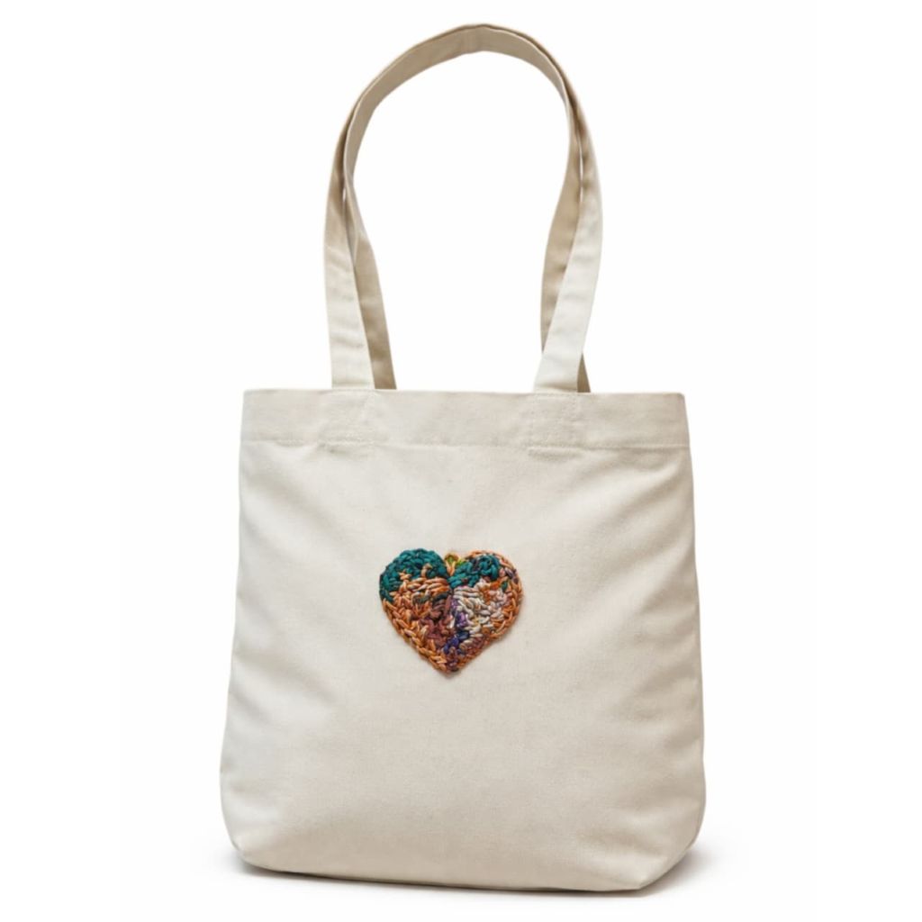 Premium Canvas Tote Bag with Rcycle Silk yarn  Crochet Heart  Patch  | Eco-Friendly Reusable Shopping & Office Bag - Mojopanda Organic  Store