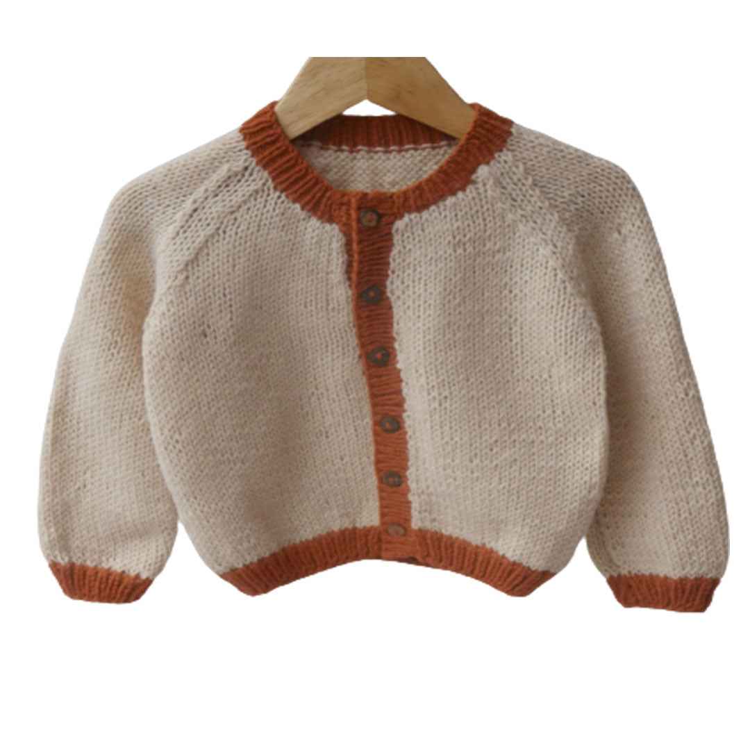 Cardigan ivory  & Rust  |  For Girl and Baby Boy  |  100% Organic Wool | Size-18 Month - Mojopanda Organic  Store