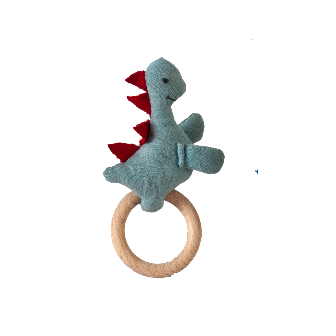 Dino Rattle Knitted Light Green & Red Baby Stuffed/Plush/Soft Toy | 100% Premium Cotton - Mojopanda Organic  Store