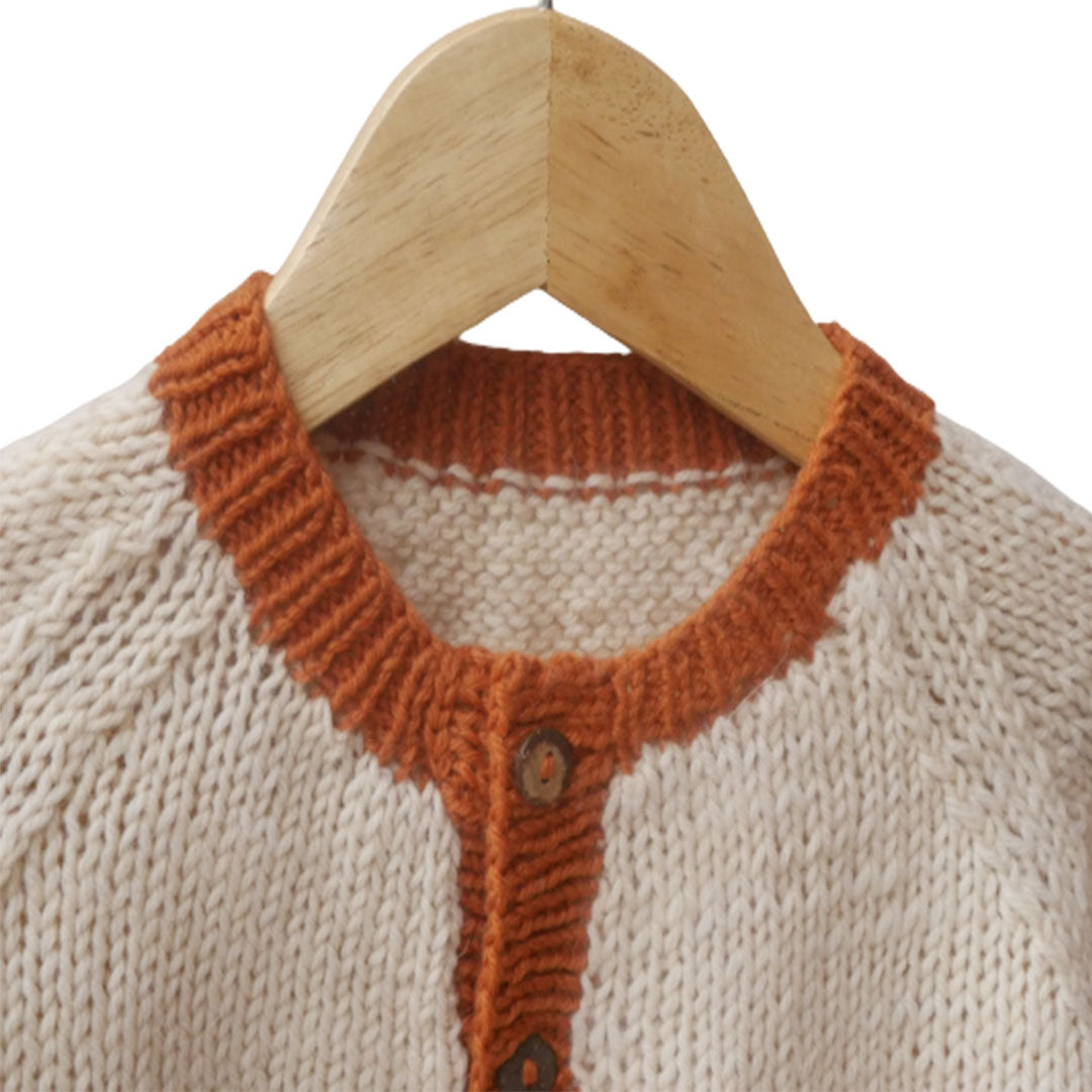 Cardigan ivory  & Rust  |  For Girl and Baby Boy  |  100% Organic Wool | Size-18 Month - Mojopanda Organic  Store