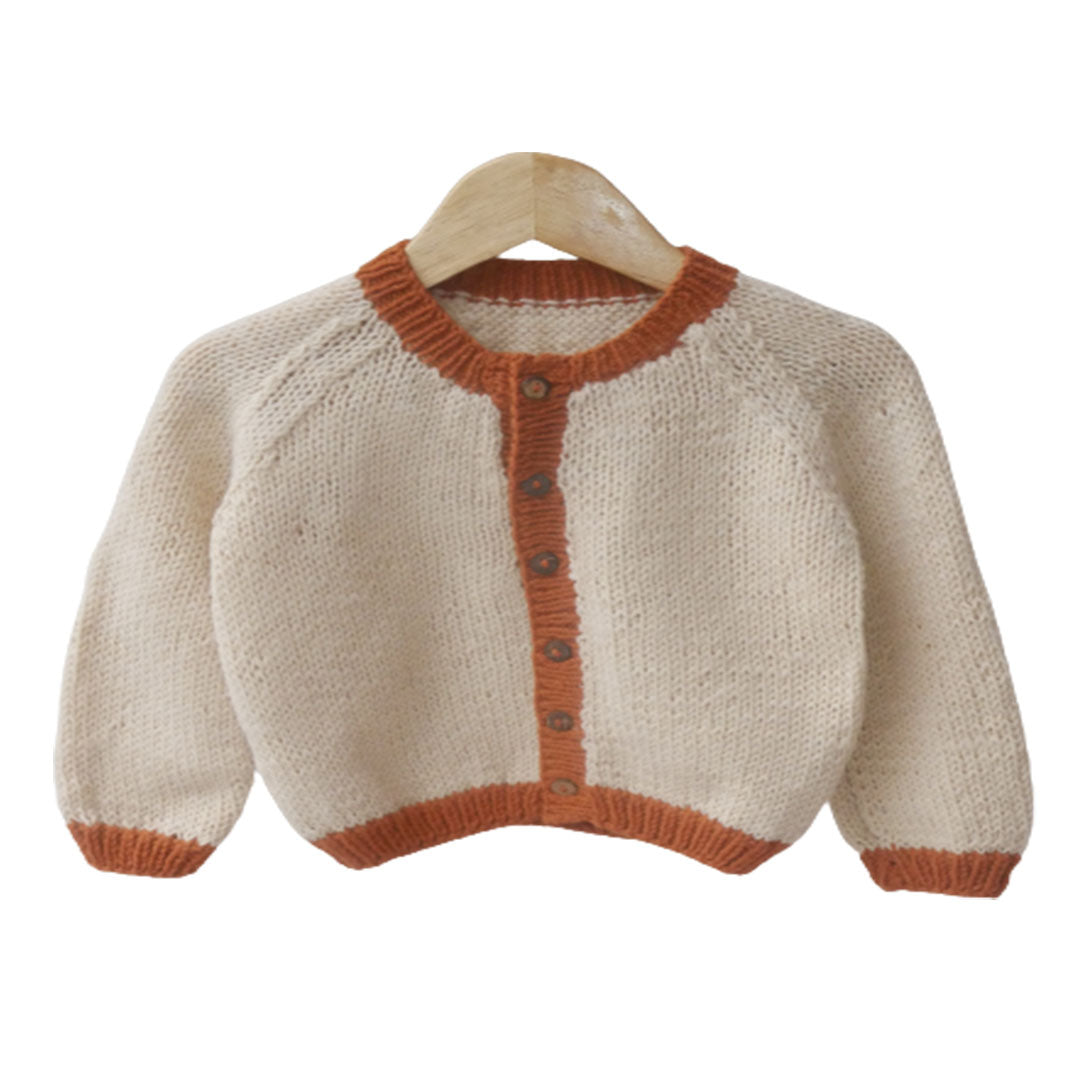 Cardigan ivory  & Rust  |  For Girl and Baby Boy  |  100% Organic Wool | Size-18 Month - Mojopanda Organic  Store