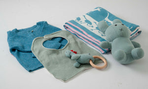 Gift Set of 5 (Blanket, Cardigan, Muslin Bib, Rabbit, Dino Rattle) | 100% Organic Cotton - Mojopanda Organic  Store
