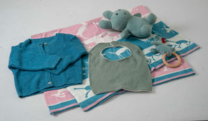 Gift Set of 5 (Blanket, Cardigan, Muslin Bib, Rabbit, Dino Rattle) | 100% Organic Cotton - Mojopanda Organic  Store