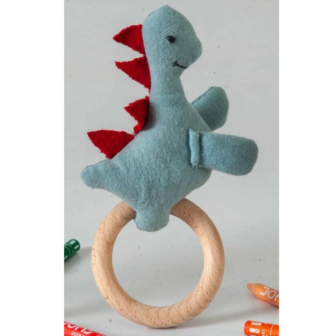 Dino Rattle Knitted Light Green & Red Baby Stuffed/Plush/Soft Toy | 100% Premium Cotton - Mojopanda Organic  Store